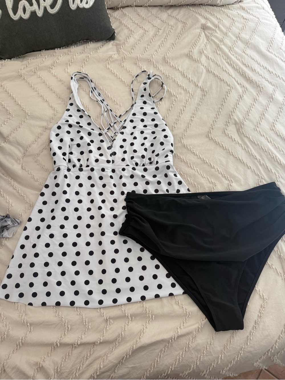 Polka Dot Tankini Swim Top and Black High-Waist Bottoms